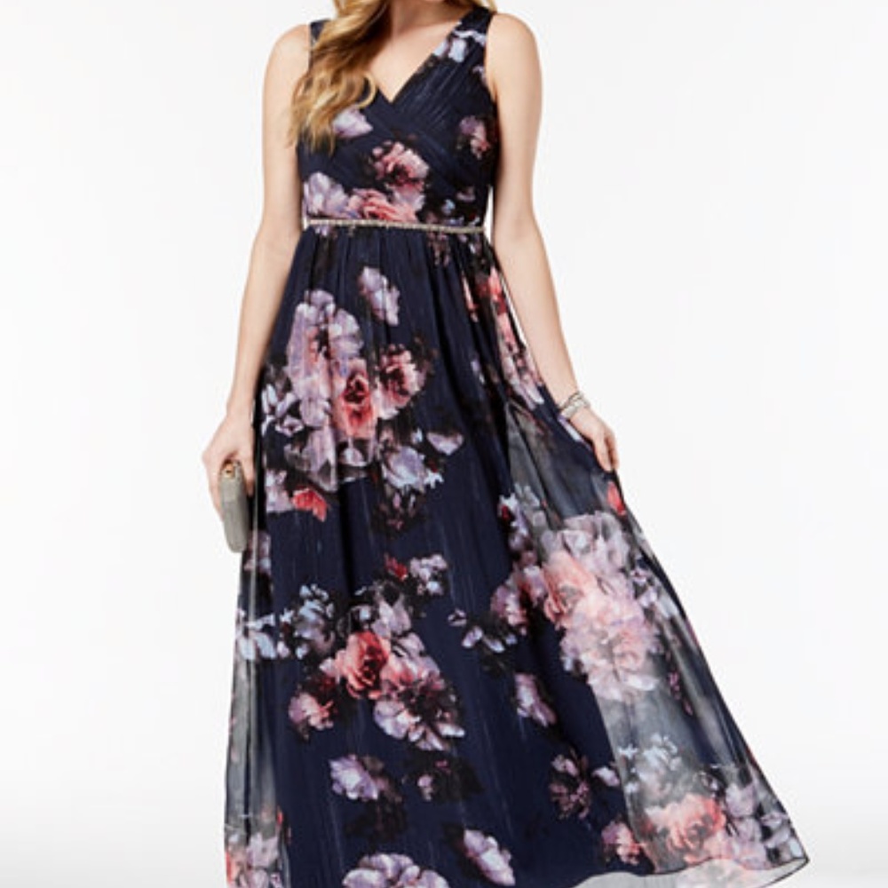 SL Fashions Metallic Floral-Print Gown